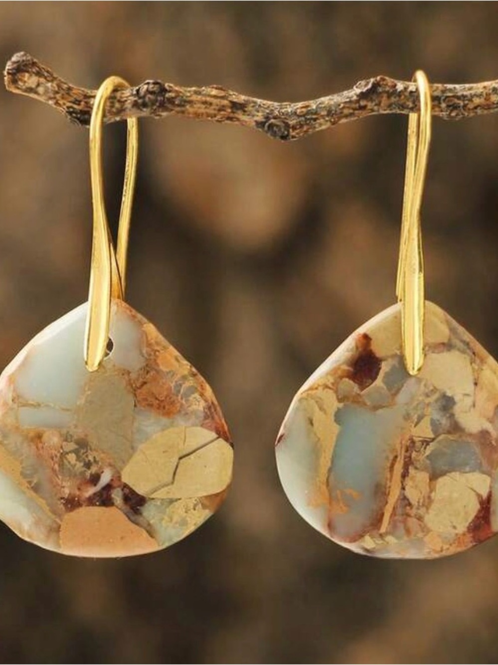Gold-Tone Blue & Tan Natural Stone Drop Earrings - Picture 7 of 7